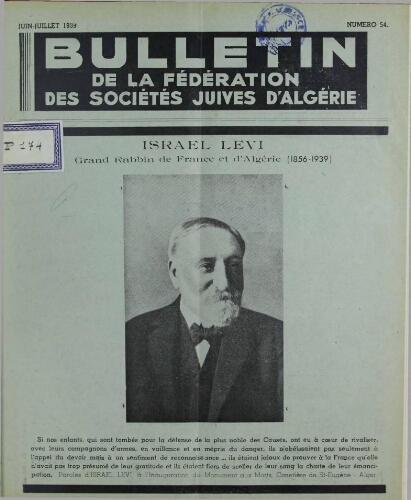 Bulletin de la Fédération des sociétés juives d’Algérie  V°06 N°54 (01/06/1939)